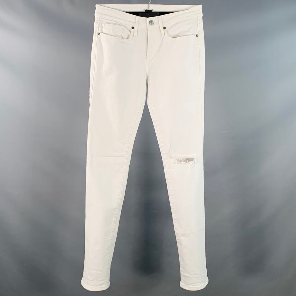 FRAME Size 29 Blanc Rips White Twill Cotton Distressed Low Rise Skinny Jeans